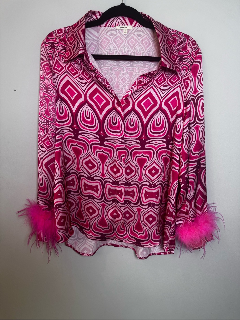 JODIFL Pink Geometric Print Feather Cuff Button Front Blouse Size M